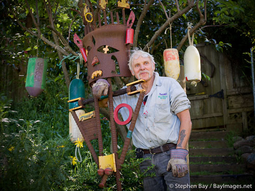 Victor Stangenberg and his sculptures. Inverness, California