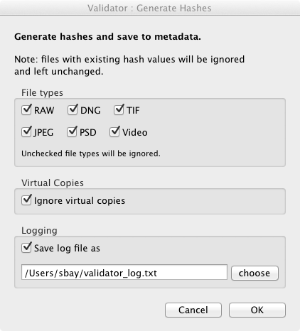 Dialog box for Generate Hashes.