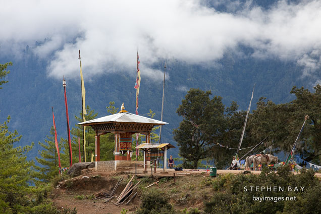 Gazebo with a giant prayer wheel. Paro, Bhutan.