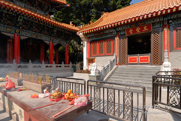 Offering table at the Wong Tai Sin Temple. Hong Kong, China.
