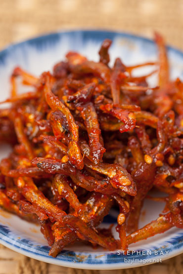 Spicy anchovies or myeolchi (myulchi) bokkeum doused with a sweet and spicy sauce