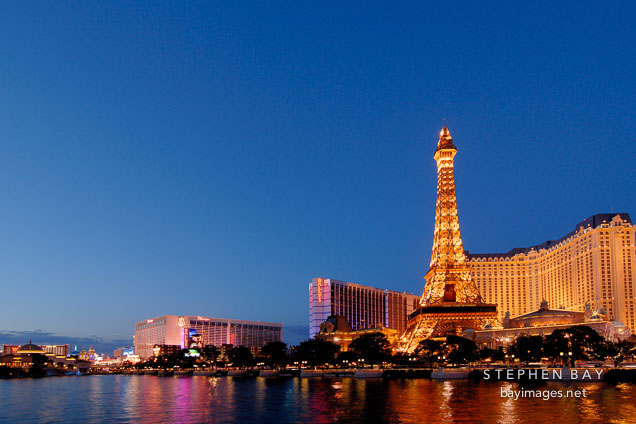 Night view of Paris Las Vegas hotel and Las Vegas Boulevard. Las Vegas, Nevada, USA.