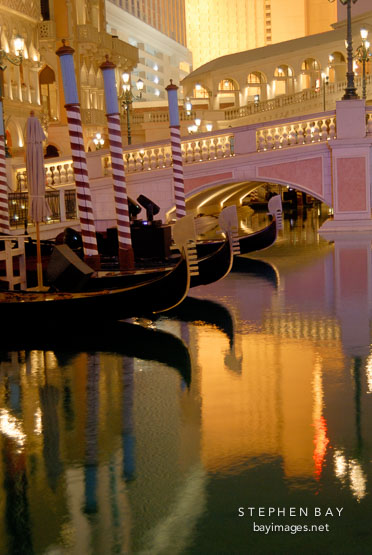 Reflection and gondolas. The Venetian, Las Vegas, Nevada, USA.