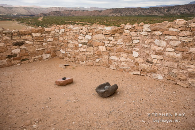 Two pairs of manos and metates for grinding corn. Tuzigoot National Monument, Arizona, USA.