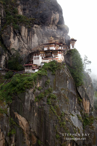 Tiger's nest monastery is perched on a cliff wall. Paro Valley, Bhutan.