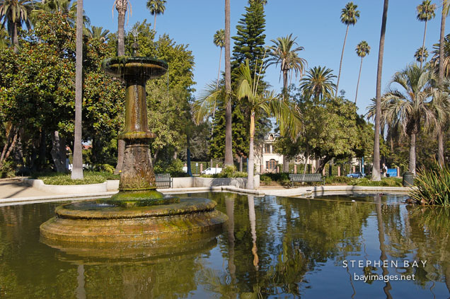 Pond and fountain at Will Rogers Memorial Park. Beverly Hills, California, USA.
