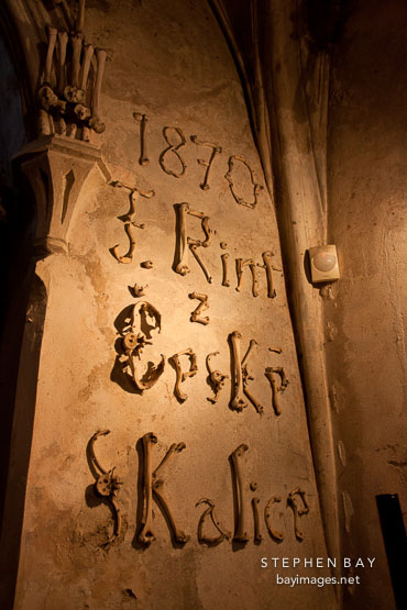 Signature of Frantisek Rint written with bones. Bone church, Sedlec, Czech Republic.