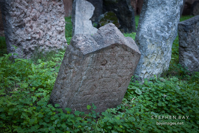 Leaning gravestone. Jewish Cemetery, Prague, Czech Republic.