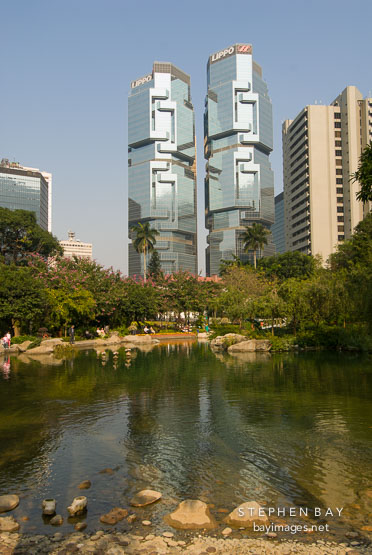 Lippo Centre Towers seen from Hong Kong Park. Hong Kong, China.