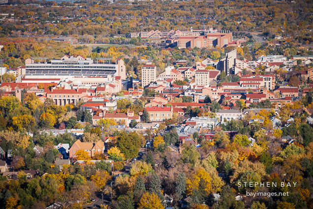 Aerial view of CU Boulder in fall.