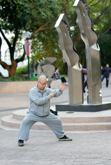 Man practicing Tai Chi. Kowloon Park, Hong Kong, China.