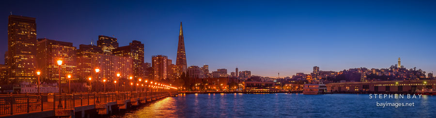 San Franciso skyline from Pier 7 at night. San Francisco, California.