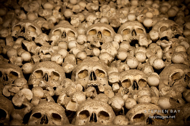 Bones stacked loosely in the ossuary. Sedlec, Czech Republic.