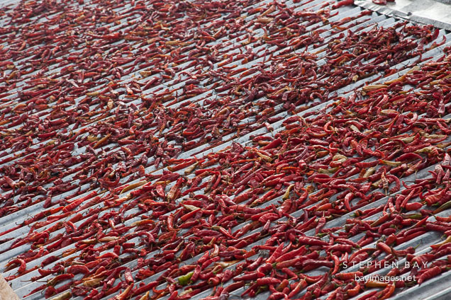 Chili peppers placed on a roof to dry.