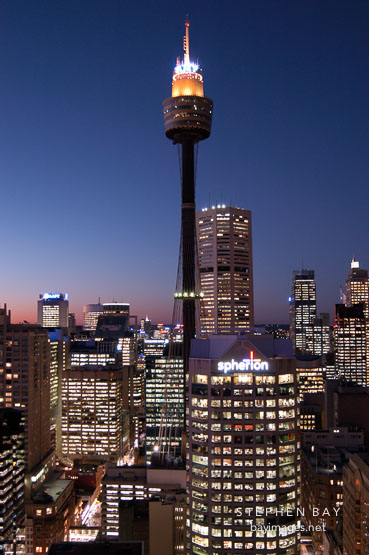 Sydney Tower (AMP Tower) at night. Sydney, Australia.