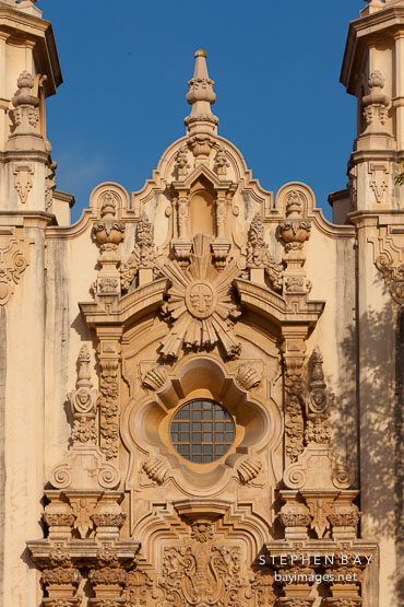 Detail of the Casa del Prado facade. Balboa Park, San Diego.