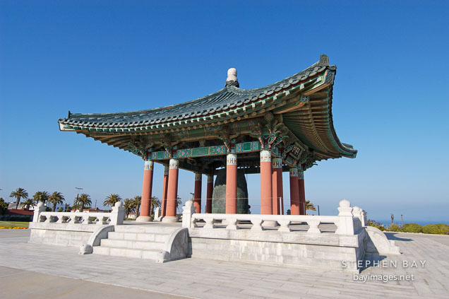 Korean Bell of Friendship and the Bell pavilion. Angels Gate Park, San Pedro, California, USA.