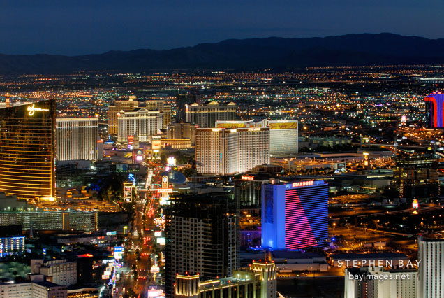 Nighttime view of Las Vegas Boulevard. Las Vegas, Nevada, USA.