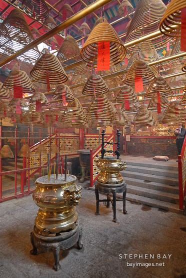 Incense coils and pot. Man Mo Temple, Hong Kong, China.