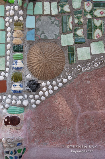 Seashells, glass, and tiles embedded in the walls. Watts Towers, Watts, Los Angeles, California, USA.
