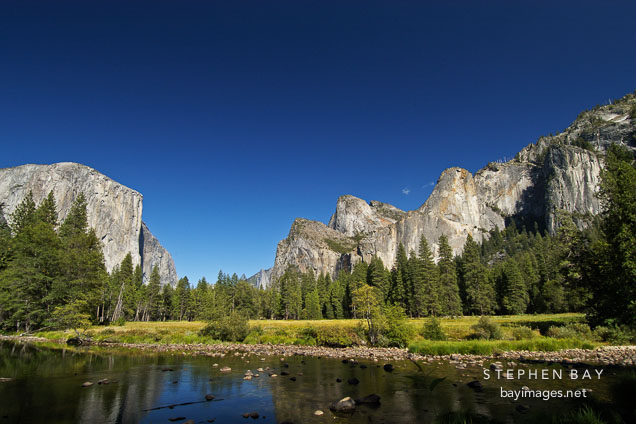 View of Yosemite valley including El Capitan and Cathedral Rocks. Yosemite National Park, California, USA.