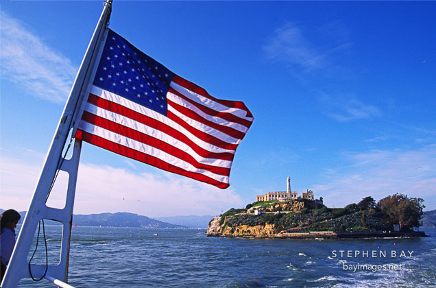 US Flag and Alcatraz. San Francisco, California.