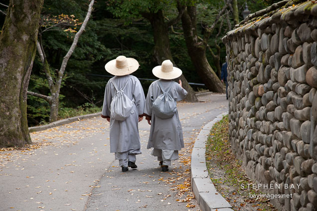 Buddhist monks follow the path through Gyeryongsan National Park in Chungcheongnam-do, South Korea.