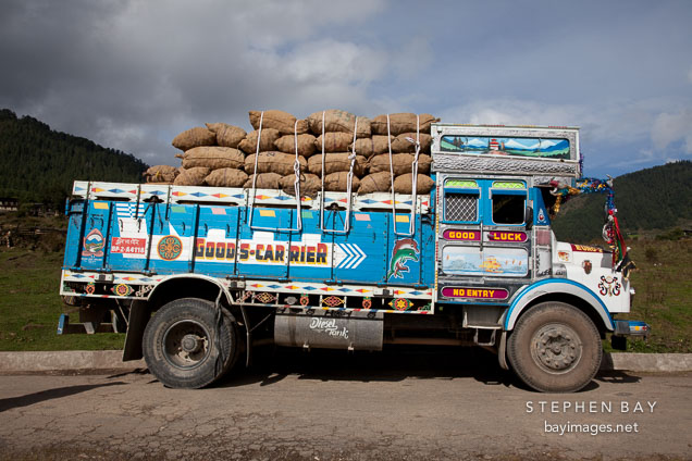 Truck loaded with potatoes. Phobjikha Valley, Bhutan.
