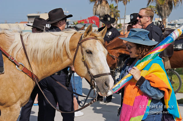 Woman admires a police horse. Venice, California, USA.