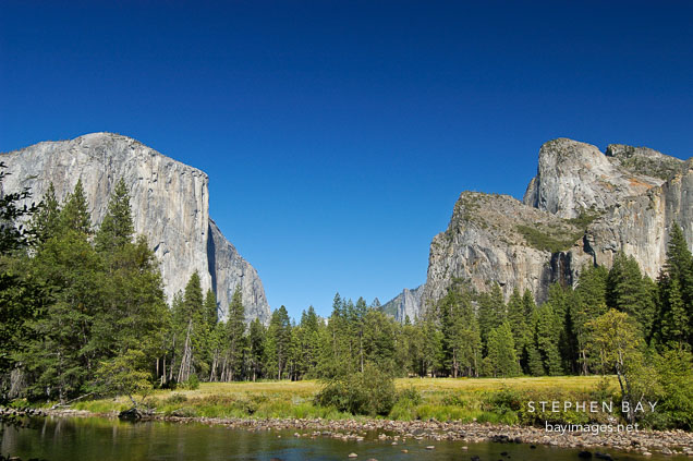 View of Yosemite valley including El Capitan and Cathedral Rocks. Yosemite National Park, California, USA.