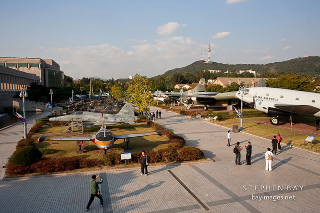 The outdoor exhibition area of the War Memorial of Korea features many full-sized historic and modern planes.