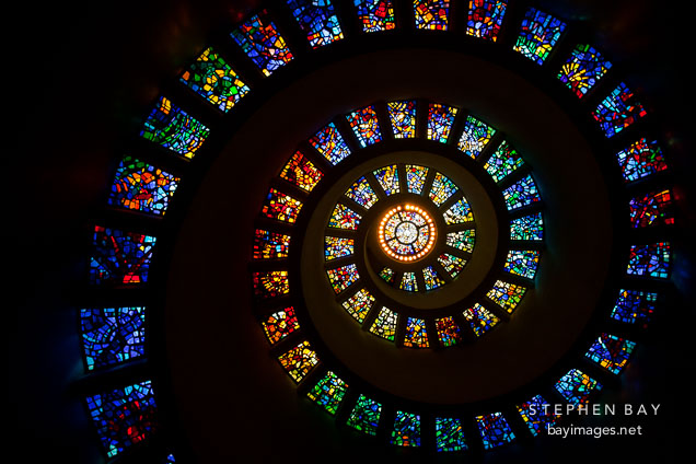 Spiral stained glass in the Thanksgiving Square Chapel. Dallas, Texas.