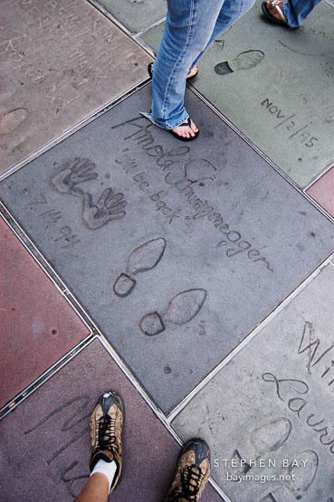 Arnold Schwarzenegger's hand and footprints. Grauman's Chinese Theater, Hollywood, California, USA.
