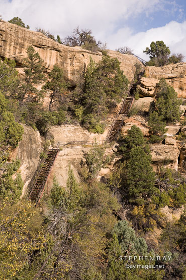 Stairs along cliff walls leading to Balcony House. Mesa Verde, Colorado.
