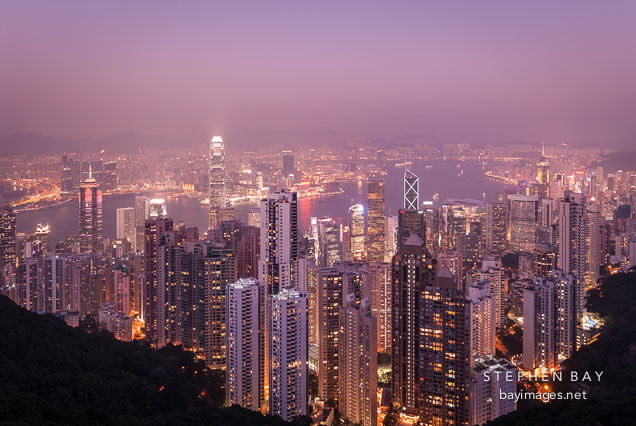 Colorful skyline of Hong Kong viewed from Victoria Peak. Hong Kong, China.