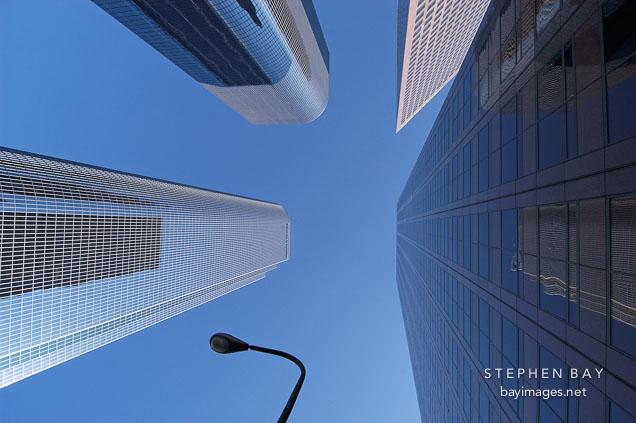 Looking straight up at downtown skyscrapers. Los Angeles, California, USA.