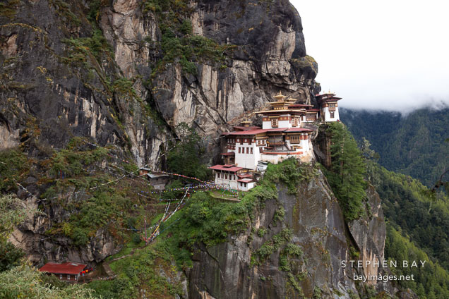 Tiger's Nest monastery is located on a granite cliff wall high above the Paro Valley in Bhutan.