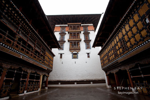 Tower and courtyard in Rinpung Dzong. Paro, Bhutan.