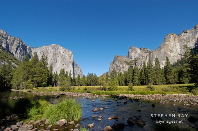 View of Yosemite valley including El Capitan and Cathedral Rocks. Yosemite National Park, California, USA.