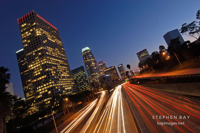 Light trails from traffic on the Harbor Freeway (110). Los Angeles, California, USA.