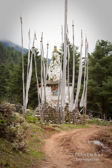 Chorten and prayer flags. Phobjikha Valley, Bhutan.
