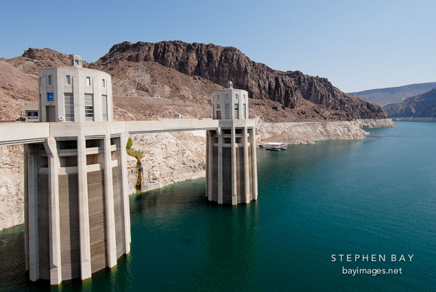 Intake towers and Lake Mead. Hoover Dam, Nevada and Arizona, USA.
