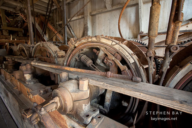 Control system of cables, pulleys, and wheels. Sumpter Dredge.