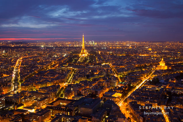 Aerial view of Paris at night.