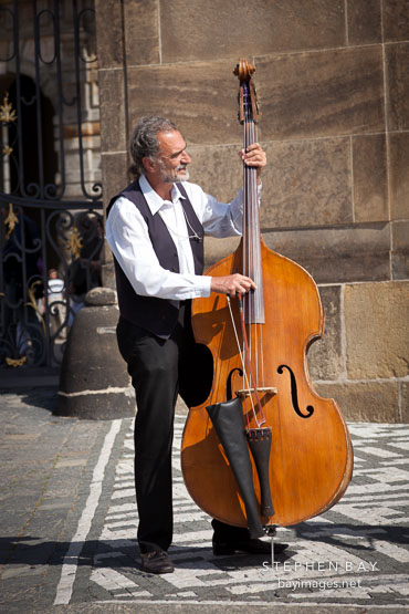 Musician playing string bass. Prague, Czech Republic.