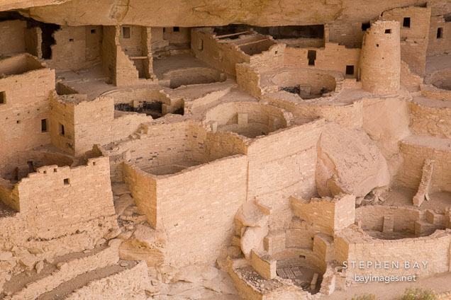 Cliff Palace, an Anasazi ruin, contains many rooms and towers. Mesa Verde NP, Colorado.