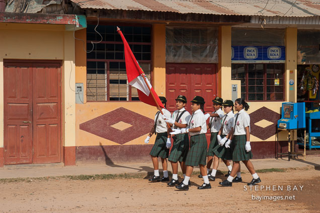 School children practicing marching for Independence Day. Puerto Maldonado, Peru.