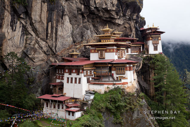 Taktshang Goemba (Tiger's Nest) monastery contains seven temples which can be visited. Paro Valley, Bhutan.