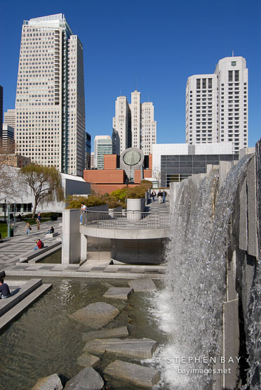 Martin Luther King Waterfall and SFMOMA. Yerba Buena Gardens, San Francisco, California, USA.