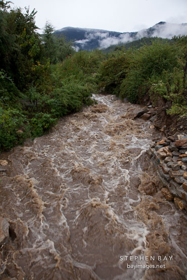 Flooding caused by heavy rains. Paro, Bhutan.